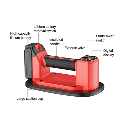 Heavy Duty Electric Vacuum Suction Cup Glass Lifter Built Tough With Rapid Copper Core Motor showing handle, large suction cup and digital display.