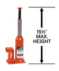 Heavy Duty 5 Ton Hydraulic Bottle Jack With Handle Real Deal Lifter Built Like A Tank For Auto Repair Grind And Solid Garage Hogging Ansi Certified Safe High Lift max height indicated at 15 1/2 inches.