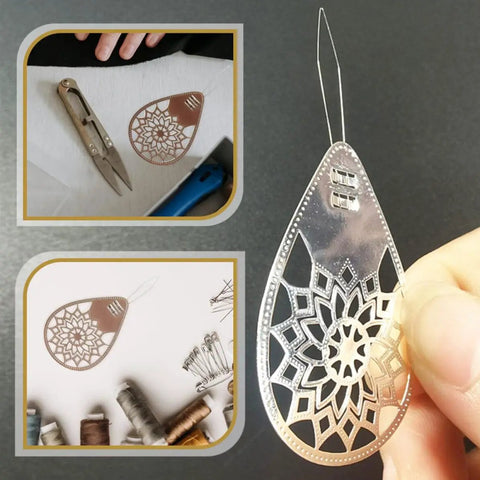 Three Piece Rose Gold Sewing Needle Threaders For Easy DIY Threading Hand Sewing Embroidery And Cross Stitch Projects Lightweight Portable Tools To Save Time And Effort rose gold teardrop needle threader with floral cutout