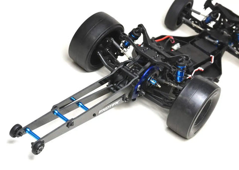 Close-up of Dr10 Wheelie Bar Set 12 Inch Carbon Fiber and Alloy Adjustable for RC Cars and Trucks ETK1962, attached to RC car chassis.