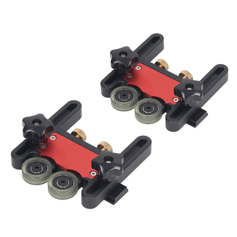 Beast Mode Adjustable Featherboard Kit With Smooth Polyurethane Wheels For Table Saw Feeding And Router Table Safety Rock Solid Aluminum Frame Hella Tight Grip All Day Long, featuring two featherboards with poly wheels.