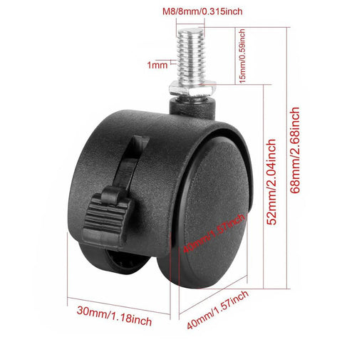 Swivel Caster Wheels 4 Pack With Black Nylon Wheels And M8 Threaded Stem 15kg Load Capacity Per Wheel Heavy Duty Swivel Casters For Furniture Tables Cabinets And Shelves 1.5 Inch Stem With Brake showing dimensions of wheel and stem