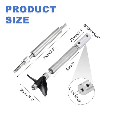 RC Boat Drive Shaft Kit With Propellers And Coupling Joint, measurements annotated, showcasing 100mm shaft, 25mm sleeve, 36mm propellers.