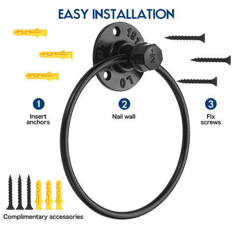 Rad Industrial Pipe Towel Ring Wall Mounted For Bathroom Rustic Black Iron Hand Towel Holder Durable Wall Mount Rack For Towels Easy Install Waterproof Rustproof Six Inch Ring Fits Most Towels
