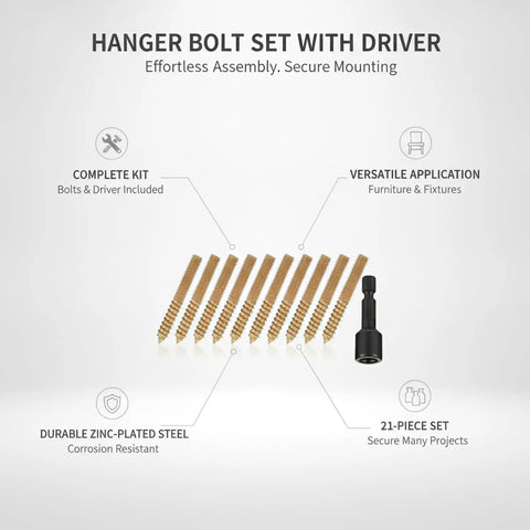 21-Piece Hanger Bolt Kit With Driver Tool For Furniture Leg Assembly And Light Fixture Mounting, Zinc Plated Steel, bolts and driver