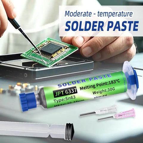 Sn63 Pb37 Tin Solder Paste For Electronics Soldering Flux 183 C Melting Point, syringe and tips next to PCB repair scene