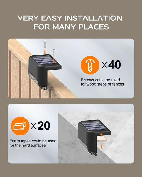 Solar Powered Deck Lights 20 Pack Outdoor Waterproof Tiny LED Step Lights for wood steps installation with screws and tape