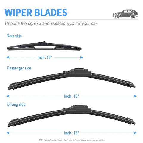 Straight Up Premium Silicone Wiper Blades For Jeep Wrangler JK 2007 To 2018 sizes: 15", 15", 13" with clear mounting details.