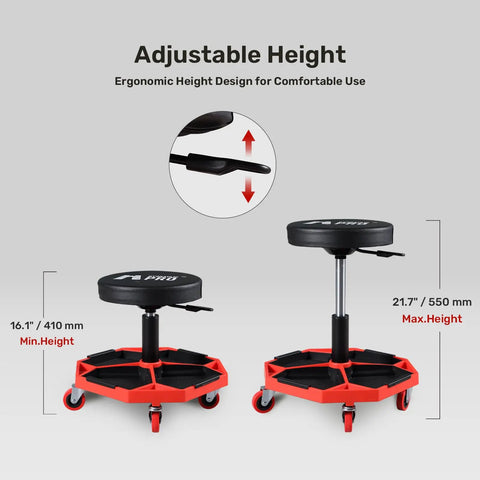 Built Tough Rolling Mechanic Stool With A Hefty 300 Lbs Rating, Adjustable Height Setup For Garage Shop Work, Swivels Slick On Floors, And Comes Loaded With Dual Tool Trays For Easy Access During Any Job