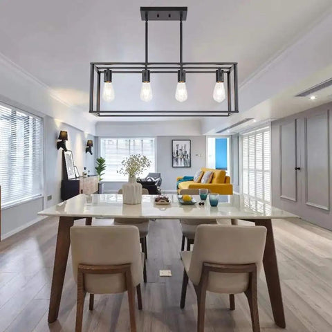 4 Light Industrial Open Frame Rectangle Pendant Lighting For Kitchen Island And Dining Room In Dope Black Finish