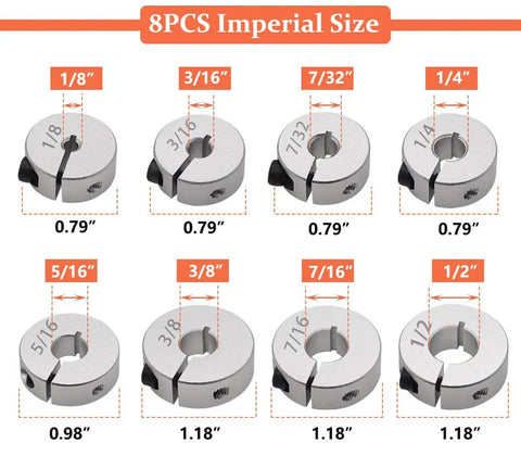 Split Ring Drill Bit Stop Collar Set Depth Stop Kit With Eight Imperial Sizes 1/8 Inch to 1/2 Inch Allen Wrench Included