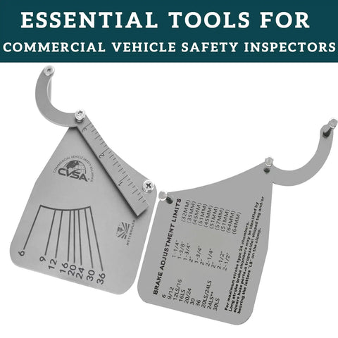 Pro Grade Air Brake Chamber Identification Tool for Quick Clamp Type 6 to 36 ID, shown in stainless steel with pushrod stroke gauge.