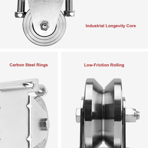 Joytrace 4-inch V-groove gate wheel kit with dual sealed bearings; metal mounting bracket and hardware visible.
