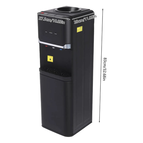 Triple Temperature Water Dispenser With Hot Cold Warm Water Output For Coffee Tea And More Five Gallon Floor Standing Electric Cooler And Heater With Child Lock For Home Office Cafes Black, side view showing dimensions.