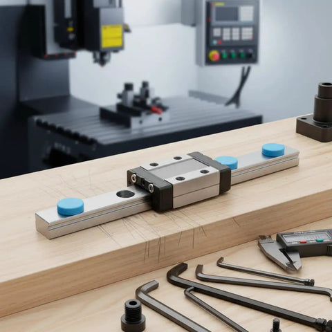 Miniature 9mm Width Linear Rail Guide Kit with Ball Retainer on wooden workbench in workshop setting, tools nearby