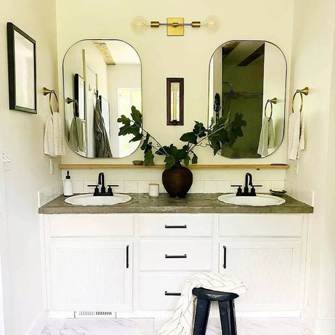 Double vanity with Matte Black 4 Inch Centerset Bathroom Faucet With Two Handles High Arc Lavatory Sink Tap