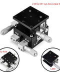 Three Axis Manual Linear Stage 60x60mm Trimming Bearing Sliding Table for CNC and Lab Use with XYZ axis controls in black aluminum