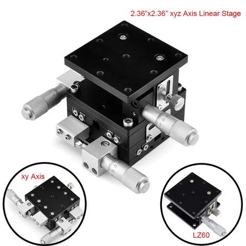 Three Axis Manual Linear Stage 60x60mm Trimming Bearing Sliding Table for CNC and Lab Use with XYZ axis controls in black aluminum