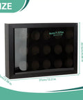 Golf Ball Display Case With EVA Foam Protection Wall Mount Or Desktop Shadow Box Holds Up To 15 Balls For Collectors Velvet Lined Non Reflective Backdrop Durable MDF Frame With A Sleek Dope Modern Look, shown with dimensions