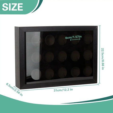 Golf Ball Display Case With EVA Foam Protection Wall Mount Or Desktop Shadow Box Holds Up To 15 Balls For Collectors Velvet Lined Non Reflective Backdrop Durable MDF Frame With A Sleek Dope Modern Look, shown with dimensions