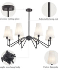 Eight Light Black Farmhouse Chandelier With White Linen Shades Perfect For Living Room Dining Room Bedroom And Staircase Adjustable Height And Sloped Ceiling Adapter close-up with adjustable rod details.