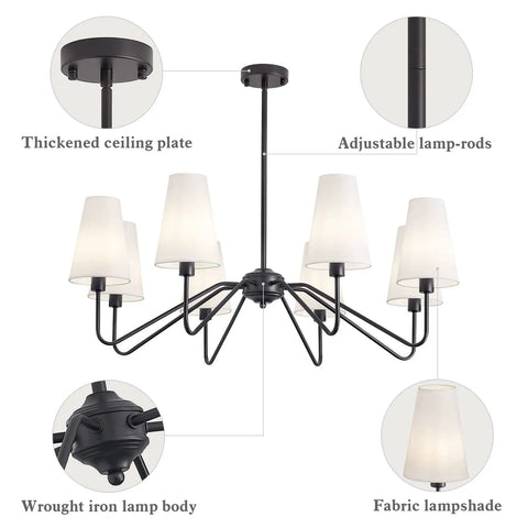 Eight Light Black Farmhouse Chandelier With White Linen Shades Perfect For Living Room Dining Room Bedroom And Staircase Adjustable Height And Sloped Ceiling Adapter close-up with adjustable rod details.
