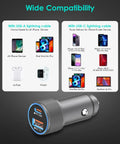 MFi Certified 38W Dual Port Car Charger With USB C Turbo Fast Charge shown with compatibility charts and charger design.