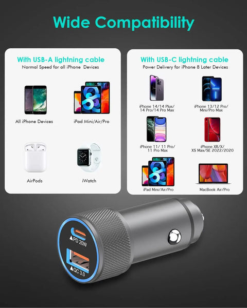 MFi Certified 38W Dual Port Car Charger With USB C Turbo Fast Charge shown with compatibility charts and charger design.