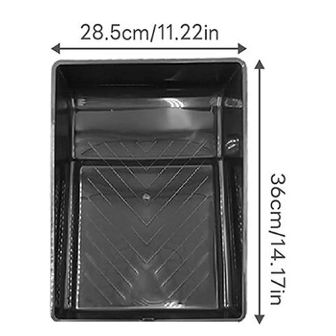 Black mixing tray measuring 28.5cm x 36cm, suitable for use with Heavy Duty Paint Roller Kit With Telescopic Extension Pole For Interior Walls And Ceilings Extends Comfortably To Crank Out Flawless Coats Ladder Free On Any Weekend Reno Project.