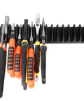 12 Piece Magnetic Plier Organizer Set For Toolbox And Drawer Modular Tool Holder System For Pro Mechanics And DIYers Keeps Pliers And Hand Tools Neatly In Place In Black showing pliers mounted.