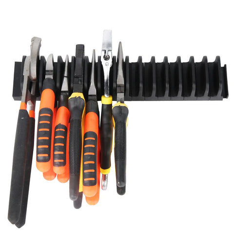 12 Piece Magnetic Plier Organizer Set For Toolbox And Drawer Modular Tool Holder System For Pro Mechanics And DIYers Keeps Pliers And Hand Tools Neatly In Place In Black showing pliers mounted.