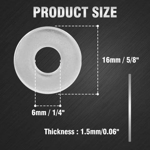 Stainless Steel Flat Washer M6 16mm Outer Diameter 6mm Inner Diameter 1.5mm Thick 304 Stainless Steel Rustproof Hardware For Bolts And Screws 100 Pcs Ideal For DIY Projects And Mechanical Assemblies, showing size dimensions.