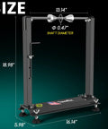Front view of Heavy Duty Motorcycle Wheel Balance Stand For Static And Dynamic Tire Alignment Fits 12 Inch And Larger Wheels High Precision Bearings All Steel Construction Built To Last Tough As Nails showing dimensions.