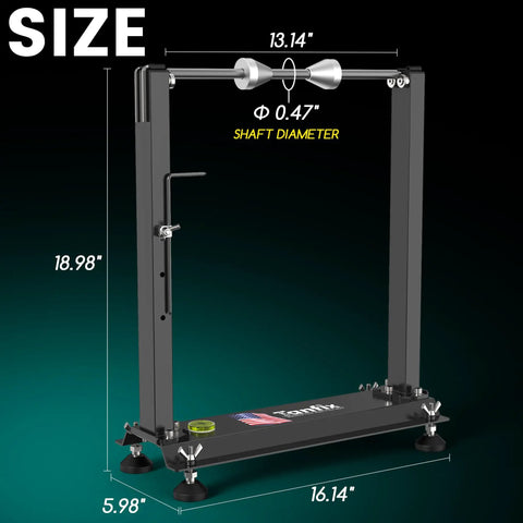 Front view of Heavy Duty Motorcycle Wheel Balance Stand For Static And Dynamic Tire Alignment Fits 12 Inch And Larger Wheels High Precision Bearings All Steel Construction Built To Last Tough As Nails showing dimensions.