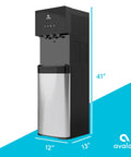 Bottom Loading Water Cooler Dispenser With Three Temperature Settings Hot Cold And Room Water No Fuss Stainless Steel Cabinet UL Energy Star Approved Great For Home And Office Use, shown from the front angle with dimensions.