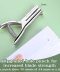 Heavy Duty 1/4 Inch Hole Punch With 2 Inch Deep Throat For Paper ID Cards PVC Tags And Plastic Cardboard shown with punched paper