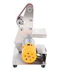 Mini 3 In 1 Belt Sander And Benchtop Grinder With Seven Speeds For Smooth Wood Sanding Metal Polishing And Fast Blade Sharpening A No Sweat Shop Essential, side view of metal frame with yellow motor.