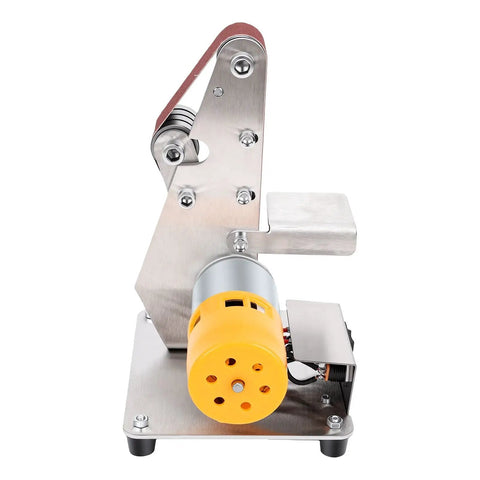 Mini 3 In 1 Belt Sander And Benchtop Grinder With Seven Speeds For Smooth Wood Sanding Metal Polishing And Fast Blade Sharpening A No Sweat Shop Essential, side view of metal frame with yellow motor.