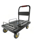 Foldable Guardrail Platform Hand Truck With 330 Lb Capacity Lightweight Flatbed Dolly Cart On 5 Inch Silent Wheels 71x47 Cm Rolling Trolley, black steel