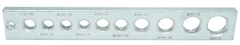 Metal Beast Bolt Thread Checker Gauge for Metric Threads M12x1.25 to M22x1.5, showing holes for thread sizing.
