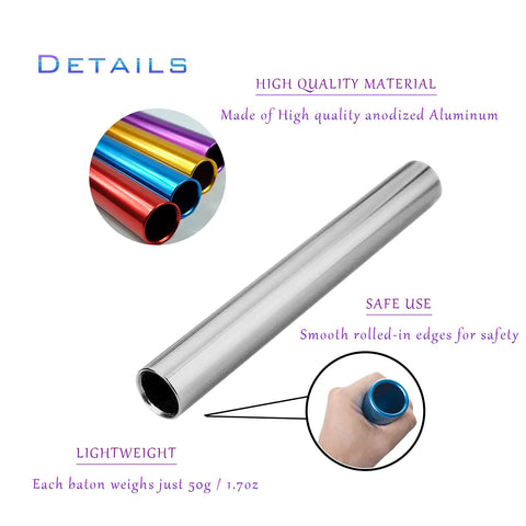 Aluminum Relay Batons For Track And Field, 29 Cm Long, 3.8 Cm Diameter, 50 G Each, Smooth Edges For Safe Grip, Corrosion Resistant High Strength Surface, Official Size Meets National Athletics Federation Standards, 4 Pack, silver baton close-up