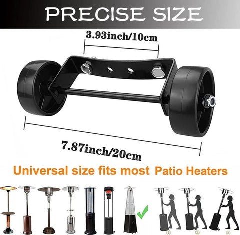 Universal patio heater wheel kit with two black metal wheels and mounting bracket