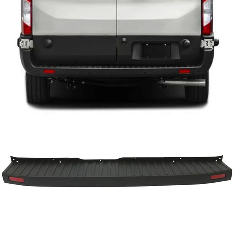 Upgrade Your 2015‑2024 Ford Transit Passenger Van With This Awesome Rear Bumper Cover And Side End Cap Protection Kit. Super Durable Stuff Fits Every 150, 250, Or 350 Model Perfectly For A Snazzy Look Plus Extra Safety With Reflector Included. Black ABS rear bumper cover with red reflectors for Ford Transit 150, 250, 350