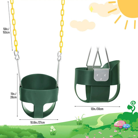 Kid Friendly Toddler Swing Seat With Coated Chains And Heavy Duty High Back Bucket For Outdoor Backyard Play in green