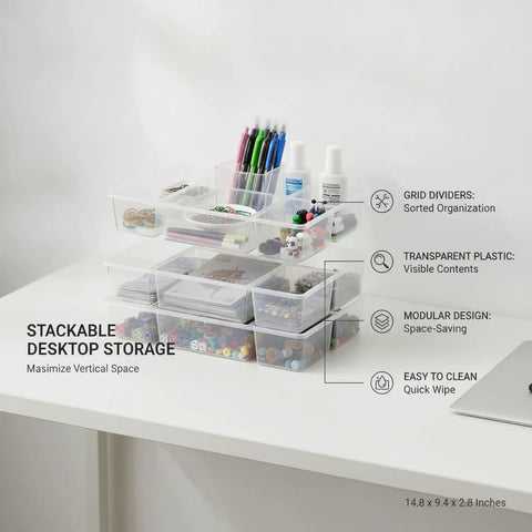 Stackable Desktop Storage Box With Grid Dividers For Pens And Office Supplies, Durable PP Plastic Desk Organizer on desk