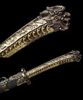 Longque Bao Dao Dragon Head Chinese Sword with gold zinc alloy dragon handle, detail view, 103 cm full tang manganese steel blade.