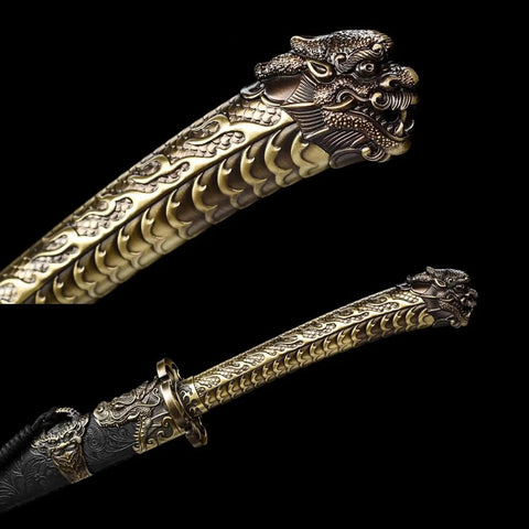 Longque Bao Dao Dragon Head Chinese Sword with gold zinc alloy dragon handle, detail view, 103 cm full tang manganese steel blade.