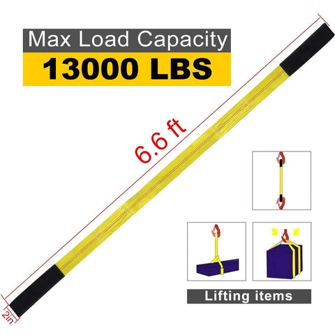 Lift sling strap, 6.6 ft long by 2 in wide, yellow nylon with black ends, 13,000 lb capacity