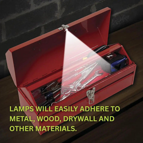 Ultra Bright Button LED Lights With Adhesive Backing Pack illuminating a red toolbox.