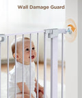 Baby secure behind Adjustable 29.5 To 46 Inch Wide Baby Gate For Stairs And Doorways Extra Wide Auto Close Pet Gate Walk Through Indoor Gate For Kids And Dogs 30 Inch High Easy Pressure Mounted Installation White with wall guard.